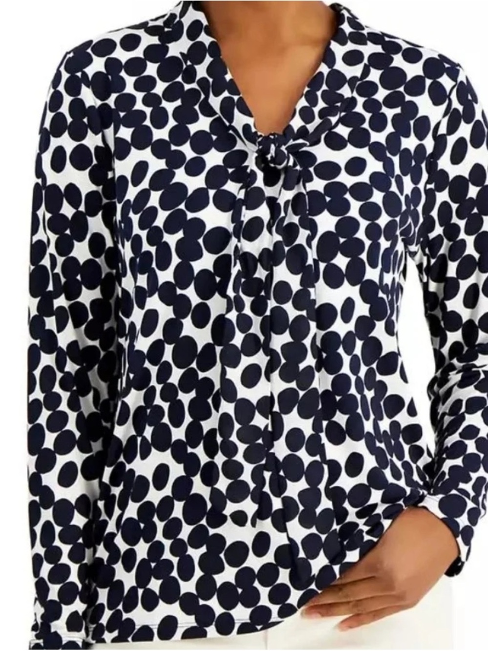 Charter Club Navy Polka Dot Long Sleeve V-Neck, Tie-Neck Sz M